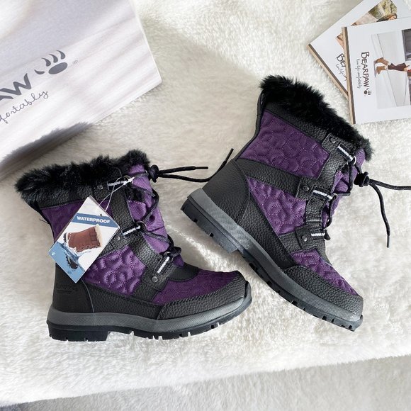 BearPaw Shoes - BearPaw Marina Black II/Purple Waterproof Snow Boots, Wool lining, Size 6